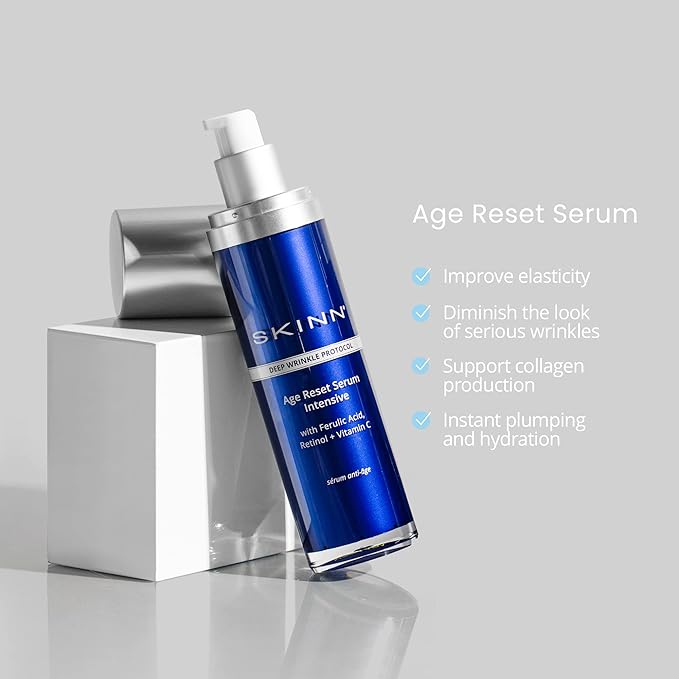 SKINN Deep Wrinkle Facial Serum, Intensive Age Reset Serum - Anti Wrinkle Repair Face Serum - Hydrating & Plumping Anti Aging Serum Reduces Fine Lines - Ferulic Acid, Retinol & Vitamin C