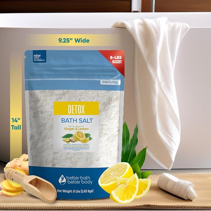Detox Bath Salt 128 Ounces Epsom Salt with Natural Ginger and Lemon Essential Oils Plus Vitamin C in BPA Free Pouch with Easy Press-Lock Seal