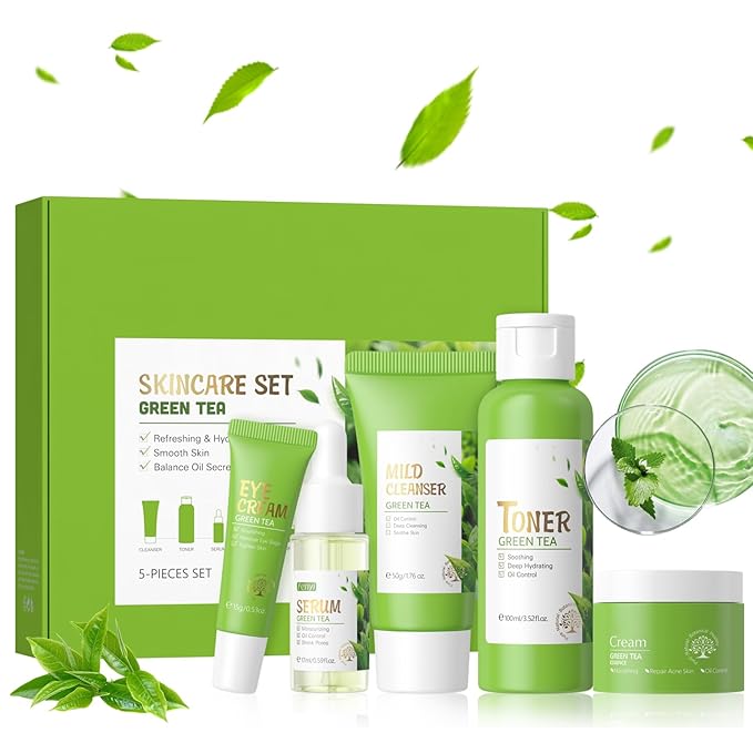 Green Tea Skincare Set for Women, Facial Kit for Women/Teenage Girls, Facial Skin Care Sets & Kits with Cleanser, Toner, Serum, Eye Cream, Cream, Skincare Gift Set Glow Skin, Balance Oil, Shrink Pore