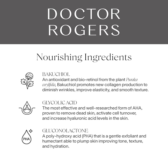 Doctor Rogers Night Repair Treatment. Restoring & Hydrating Face Serum, Anti-Aging Facial Skin Care with Glycolic Acid, Bakuchiol, & Gluconolactone, 1 Ounce (30 ml)