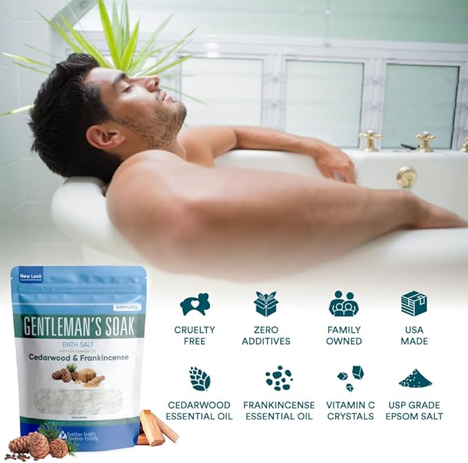 Gentleman's Bath Salt 32 Ounces Epsom Salt with Natural Cedarwood, Frankincense, Eucalyptus and Peppermint Essential Oils Plus Vitamin C in BPA Free Pouch with Easy Press-Lock Seal
