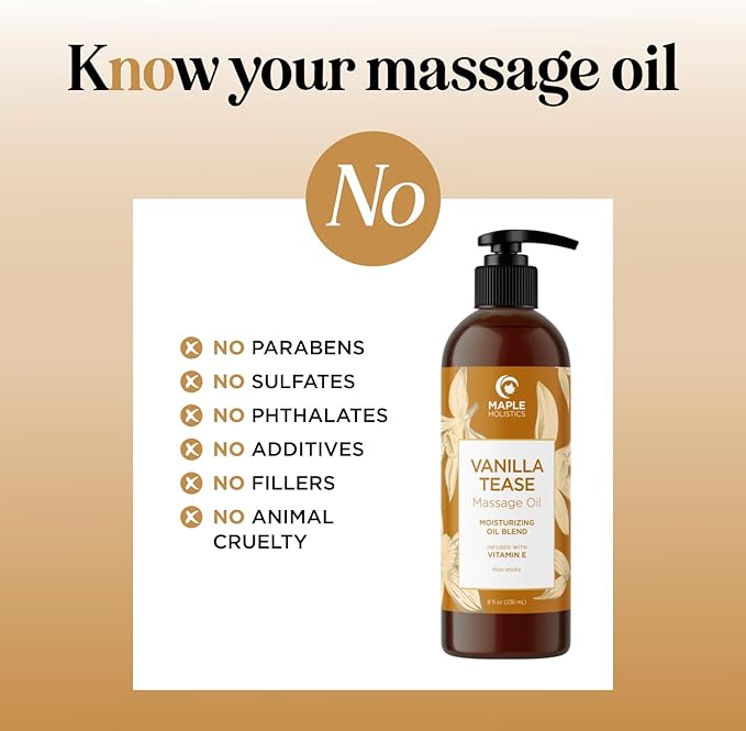 Vanilla Sensual Massage Oil for Couples - Irresistible Full Body Massage Oil for Date Night with Smooth Gliding Coconut and Sweet Almond Oil with Dreamy Vanilla Scent - Non GMO Gluten Free and Vegan