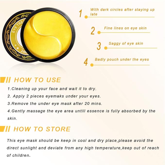 Golden Under Eye Patches (30 Pairs Eye Gels) - Golden Eye Mask with Amino Acid & Collagen - Rejuvenating Treatment for Dark Circles, Puffy Eyes, Refreshing, Revitalizing, Travel, Wrinkles
