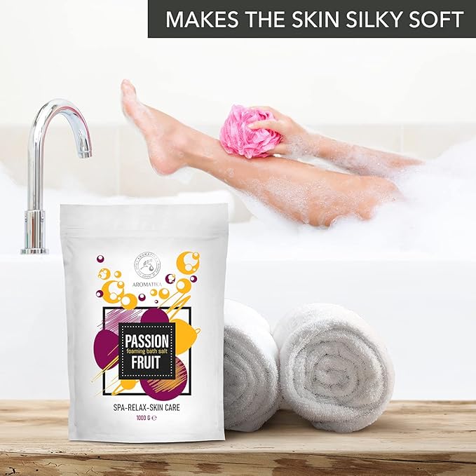 Foaming Bath Sea Salt Passion Fruit 35 Oz (1000g) Bubble Bath Salts with Almond & Grape Seed Essential Oil & Passion Fruit Extract for Bath Soak - Relaxing Bath - Aromatherapy Bath Salts