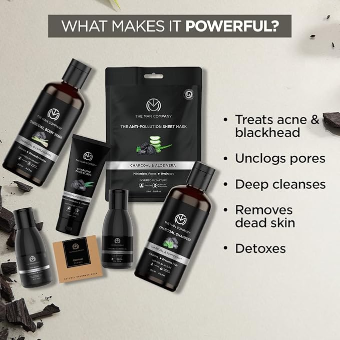 The Man Company Ultimate Charcoal Detan Kit with Elegant Gift Box | Charcoal Body wash, Shampoo, Face Scrub, Face wash, Charcoal Soap, Cleansing gel, Charcoal Sheet mask*2 (Set of 8)