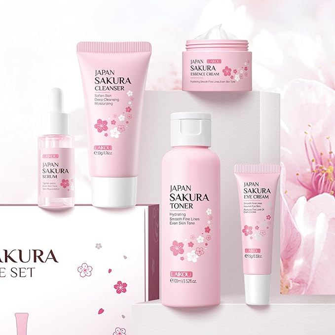 Skin Care Set JAPAN SAKURA Women Beauty Gift Sets Skin Care Kit with Cleanser, Toner, Serum, Eye Cream, Face Cream Travel Kit for Women Teen Girls Mom Daughter Birthday TSA-friendly Sizes 5pcs