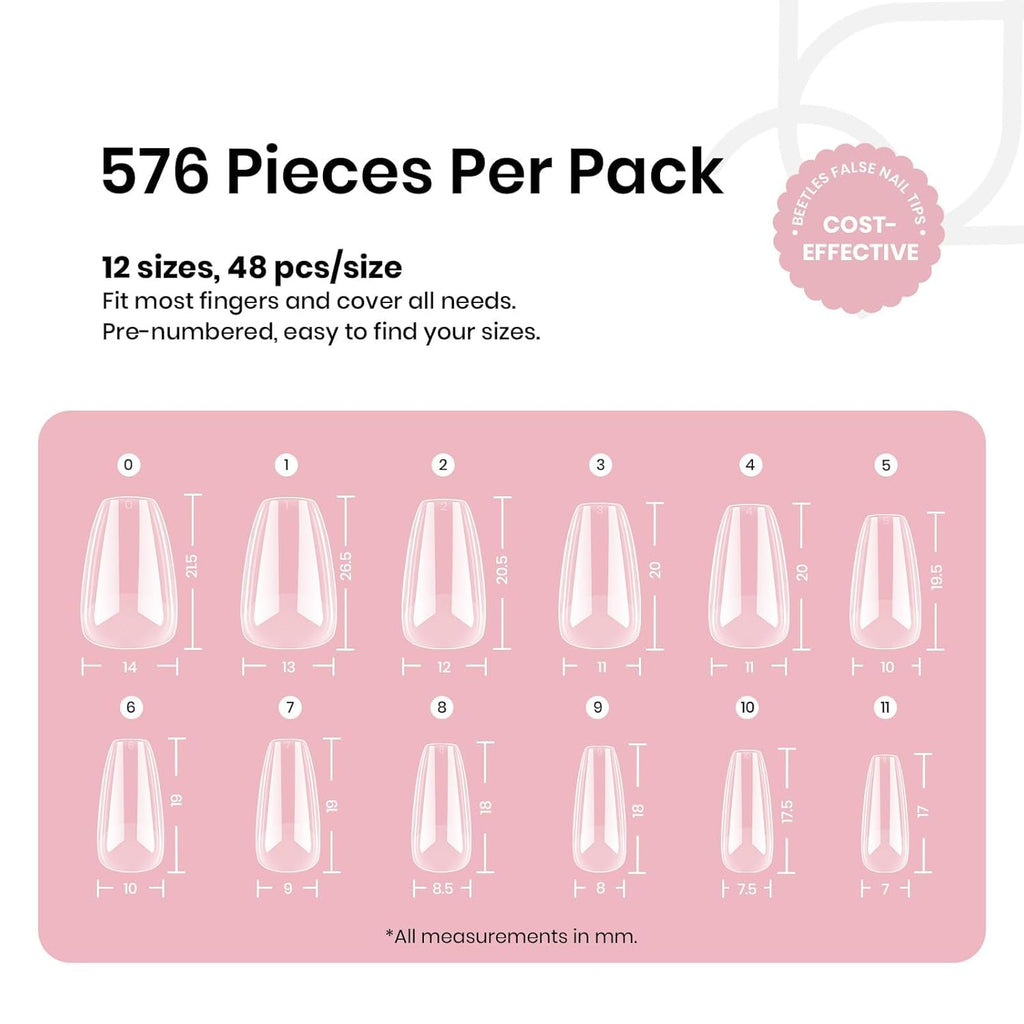 Beetles Short Coffin Nail Tips 576 PCS Half Matte Pre-shape Short Coffin Fake Nails 12 Sizes Full Cover Acrylic False Nails Nail Extension DIY Manicure Gifts for Women
