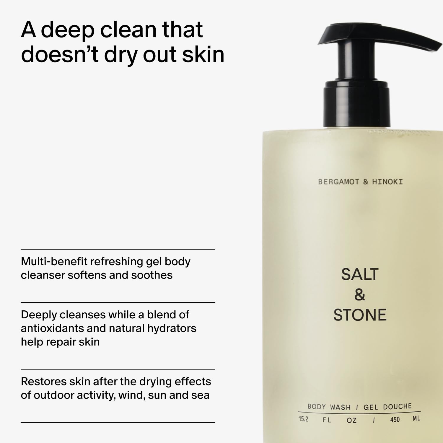 Salt & Stone Body Wash with Antioxidants for Deep Moisture | For Women & Men, Sulfate, Paraben, & Dye Free, Leaving Skin Soft and Hydrated | Bergamot & Hinoki 32 fl oz