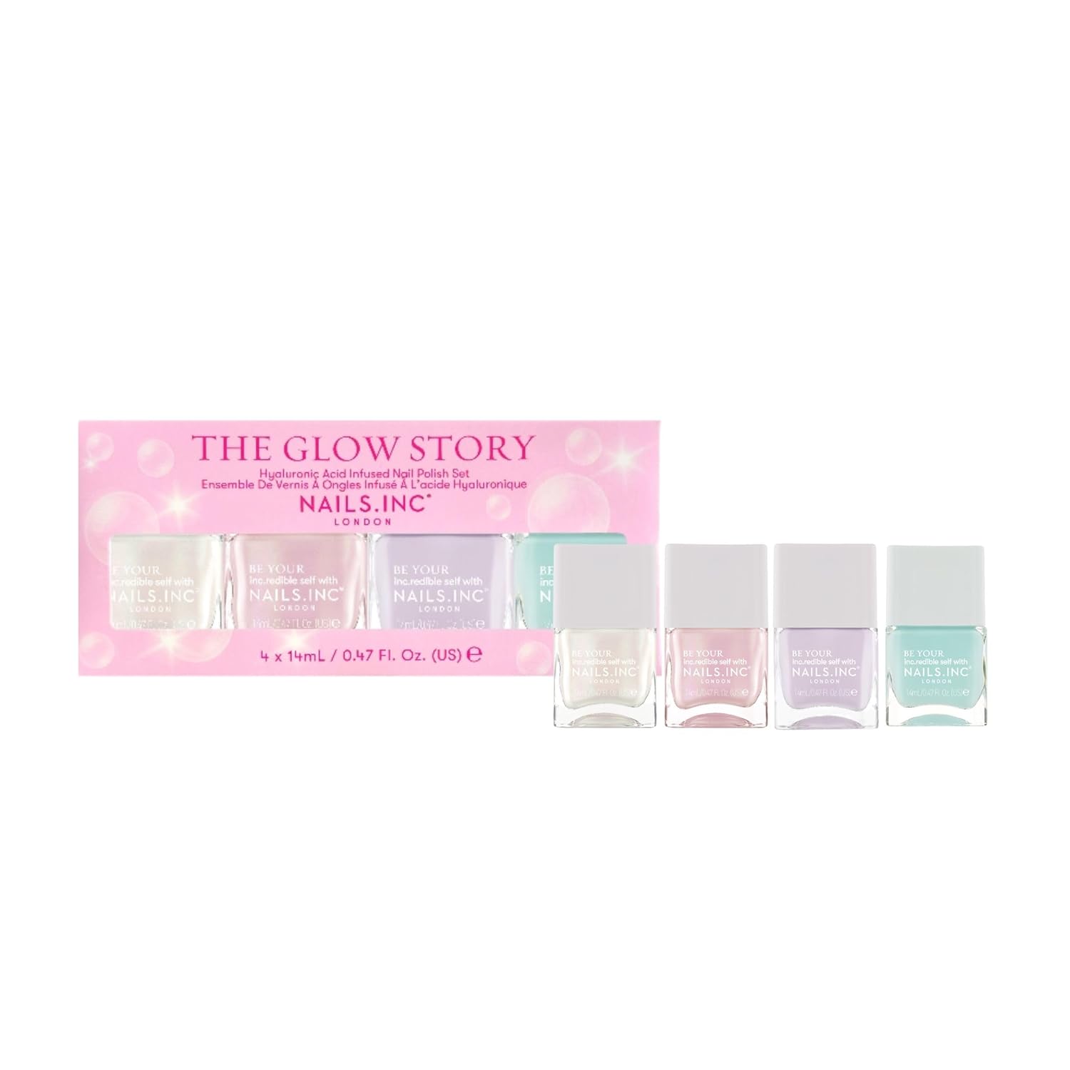 Nails Inc The Glow Story Nail Polish Set, Hyaluronic Acid, Glossy, No Chip, Long Lasting, Quick Dry, Air Dry, Professional Manicures & Pedicures, Fingernails & Toenails, Vegan Nail Polish, 4 Piece Set