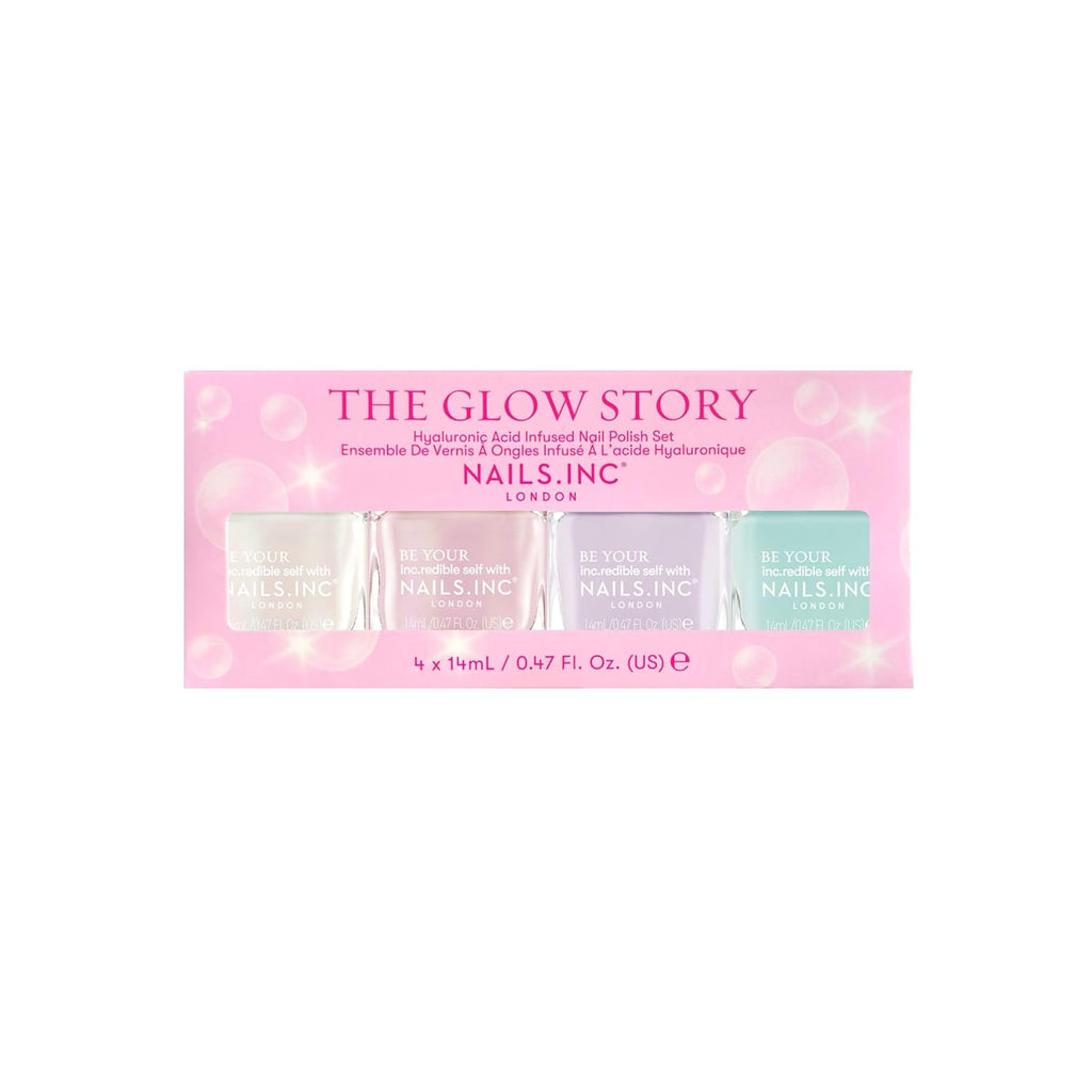 Nails Inc The Glow Story Nail Polish Set, Hyaluronic Acid, Glossy, No Chip, Long Lasting, Quick Dry, Air Dry, Professional Manicures & Pedicures, Fingernails & Toenails, Vegan Nail Polish, 4 Piece Set