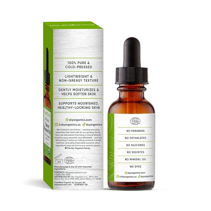 Sky Organics Organic Sweet Almond Oil, Soft & Soothe Body Oil for Skin Soothing, Moisture and Softness, For Rough, Dry & Sensitive Skin, 100% Pure Hexane-Free Vegan & Cruelty Free Body Care, 1 fl. Oz