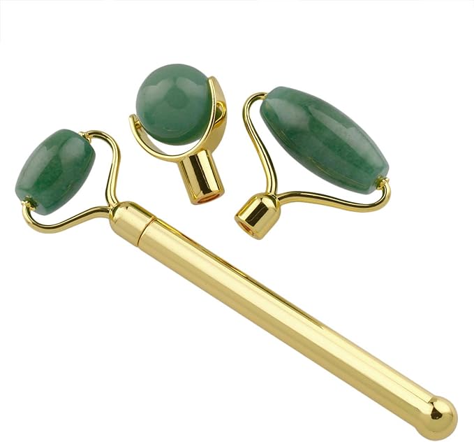 mookaitedecor Jade Roller Green Aventurine 3 in 1 Set Removable Replacement Rollers, Anti-Aging Massager Tool for Face and Neck