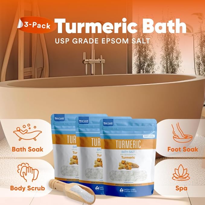 Turmeric Bath Salt (3 Pack with Scoop 6 Lbs Total) Total Bath Aromatherapy Pure Essential Oils in BPA Free Pouch with Press Lock Seal Made in USA Three 2 Lbs Bundle