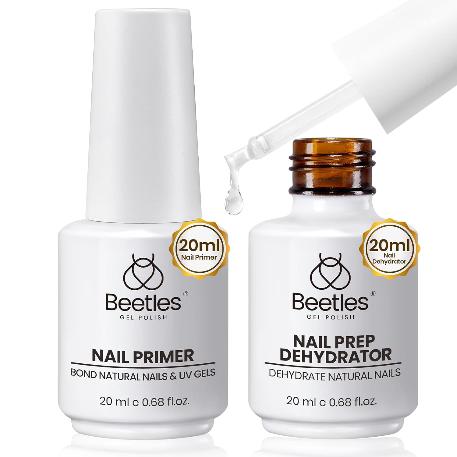Beetles 20ml 2Pcs Nail Dehydrator and Primer, Large Capacity Acid Free Acrylic Nail Prep Dehydrate and Primer for UV Gels Superior Bonding Professional Salons Set