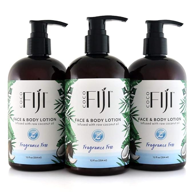 Coco Fiji Face & Body Lotion Infused With Coconut Oil | Lotion for Dry Skin | Moisturizer Face Cream & Massage Lotion for Women & Men | Fragrance Free 12 oz, Pack of 3