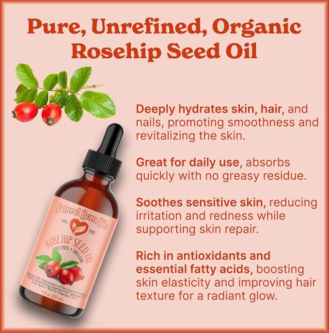 SALE! 4oz Rosehip Seed Oil, 100% Pure and Natural, Cold-Pressed, Unrefined, Organic Moisturizer for Skin and Hair - Includes Pump & Dropper