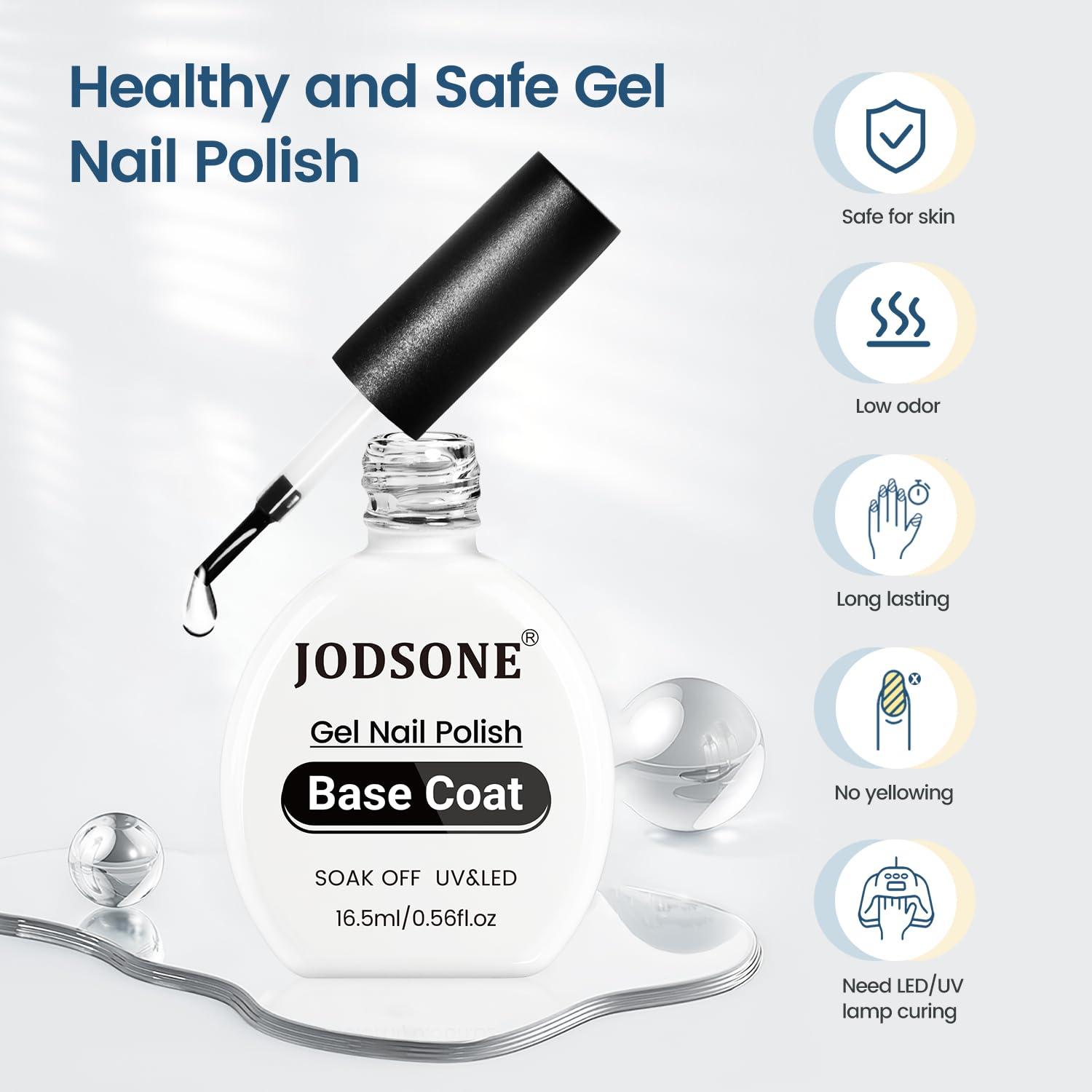 JODSONE 16.5ml Base Coat Gel No Wipe Long Lasting Streak-Free Shine Clear Base Gel Nail Polish Need U V Lamp Cured at Home DIY Nail Salon Girl Gift