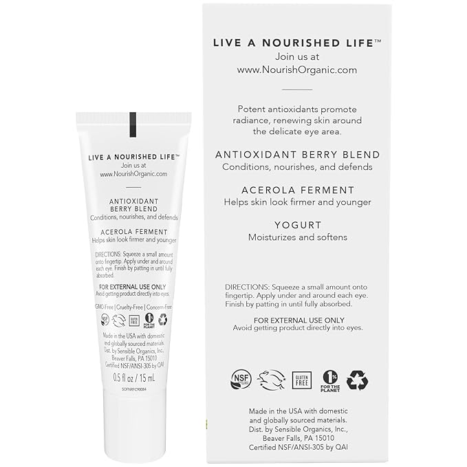 Nourish Organic Eye Treatment, Bilberry & Arctic Berries – Age Defense Under Eye Cream with Vitamin C + Washable Cotton Round