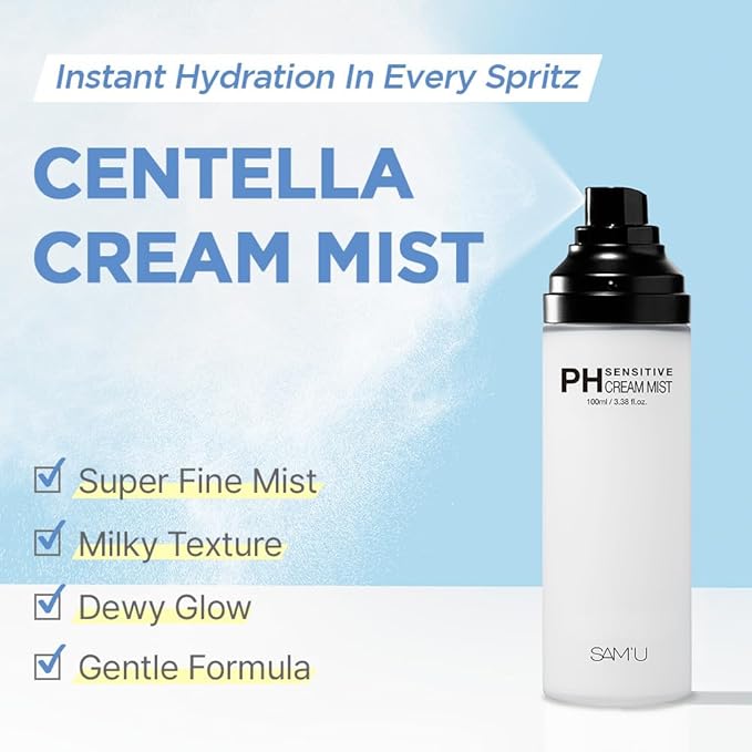 SAM'U PH Sensitive Cream Mist, Centella Face Mist, Hypoallergenic Facial Spray with Hyaluronic Acid & Ceramide, Hydrating & Quick Absorbing, Korean Skin Care for Dry & Sensitive Skin, 3.38 Fl. Oz