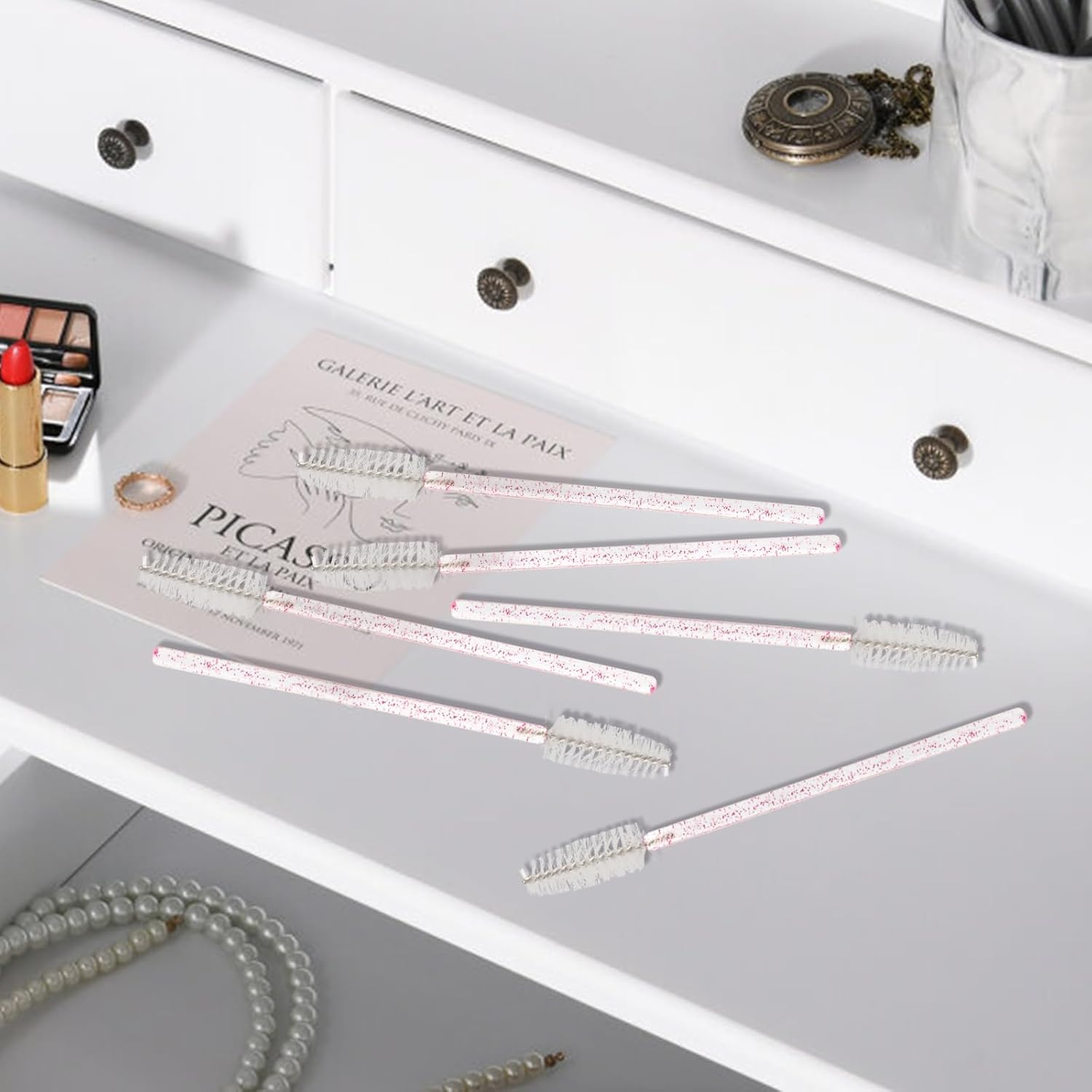 300PCS Disposable Mascara Wands Spoolie Brush Crystal Eyebrow Brushes Eyelash Extension Applicator Makeup Kits.myaokue-up(Pink/White)
