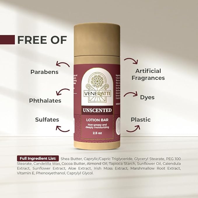 Lotion Bar Unscented - Vegan, Made in the US, Eco Friendly Stick - Quick Absorption, Non-Sticky - Natural Ingredients Solid Body Lotion for Women Dry Skin - Travel Body Lotion