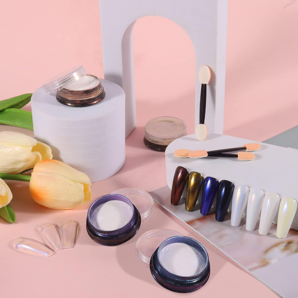 Allstarry Chrome Nail Powder 4 Colors Iridescent Aurora Powder Metallic Mirror Effect Pigment Pearlescent Purple Mermaid Unicorn Glitter for Nail Art Manicure Decoration Home DIY Salon