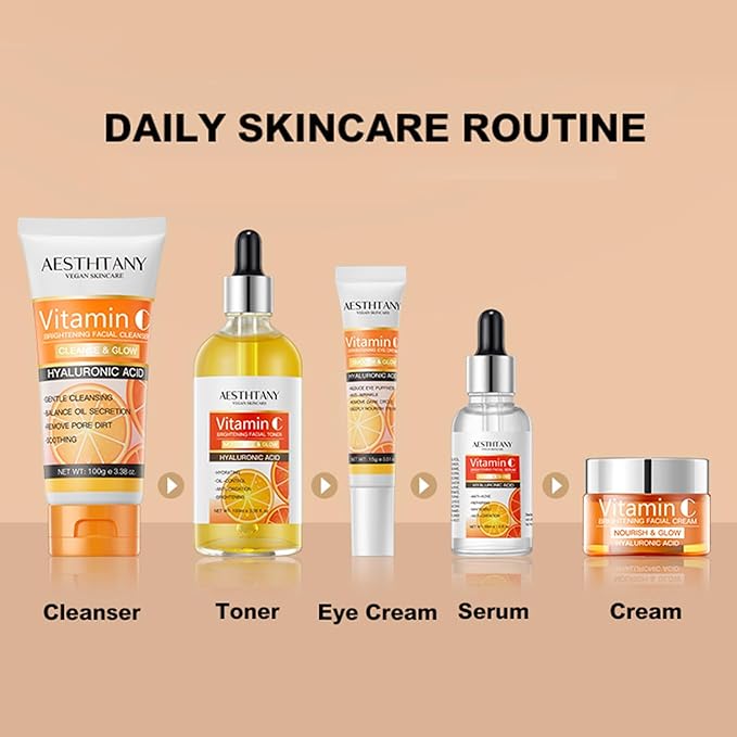 Vitamin C Skin Care Set For Women , 5-In-1 Moisturizing Hyaluronic Acid Skin Care Routine with Facial Cleanser, Serum, Face Cream, Eye Cream, Toner