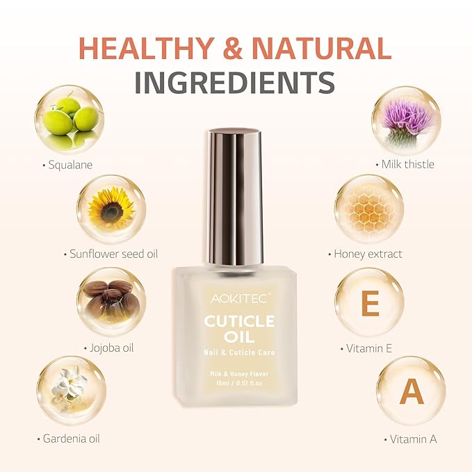 Aokitec Natural Cuticle Oil - Milk & Honey Flavor Cuticle Oil for Nail Growth and Strengthener with Vitamin E Repair Damaged Skin and Thin Nails Moisturizes Cuticle & Overnight Cuticle Softene