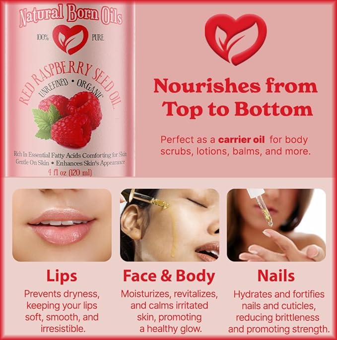 Natural Born Oils Red Raspberry Seed Oil, 4oz, Organic, Cold-Pressed, Packed with Antioxidants, Great for Skin Hydration, Hair Vitality