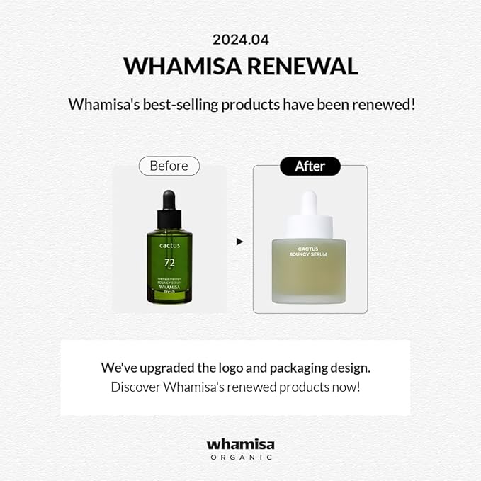 Whamisa Organic Cactus Bouncy Serum, 48 hrs Inner Skin Moisture, 72 hrs Hydrating and Moisturizing, Postbiotics, Facial Ampoule (52ml)