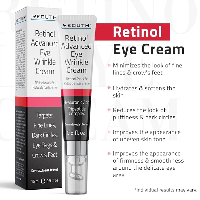 YEOUTH Retinol Eye Cream Anti Aging, Firming Under Eye Cream for Puffiness and Bags Under Eyes for Wrinkles and Dark Circles with Hyaluronic Acid and Tripeptides 15ml
