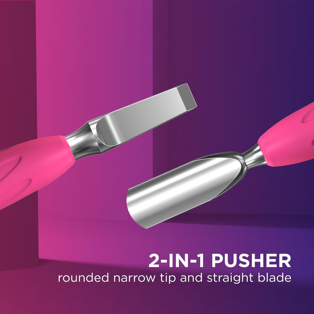 Staleks Manicure pusher Gummy with silicone handle UNIQ 10 TYPE 5 – Stainless Steel – Professional Cuticle Tool (rounded narrow pusher and straight blade)