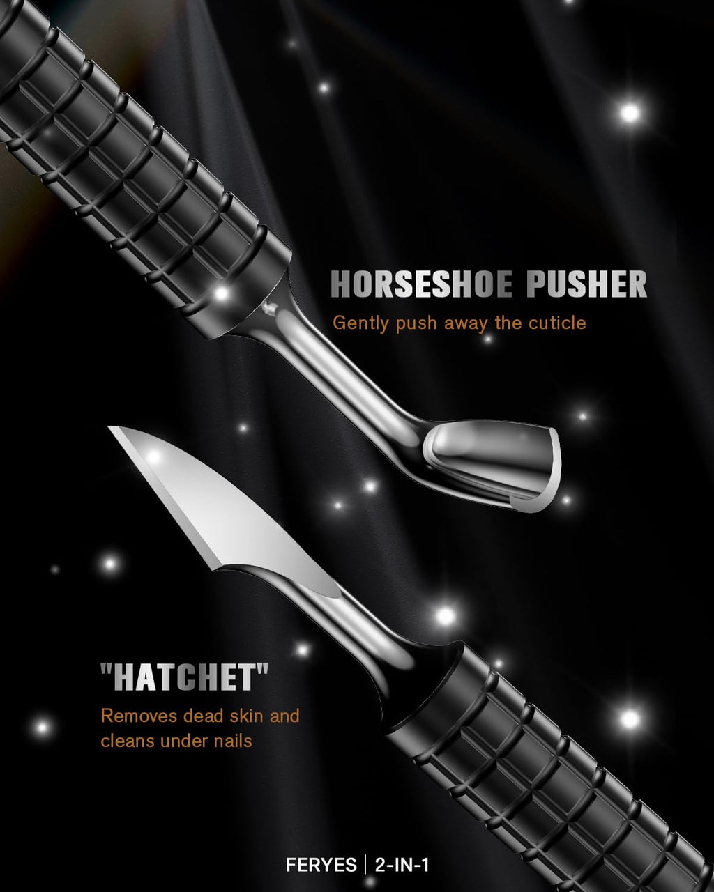 FERYES Upgraded Dual-Head Cuticle Pusher Tool - Horseshoe Shape & Chisel Edge Stainless Steel Remover Tool with Anti-Slip Wide Handle for Salon & Home Nail Care-Black