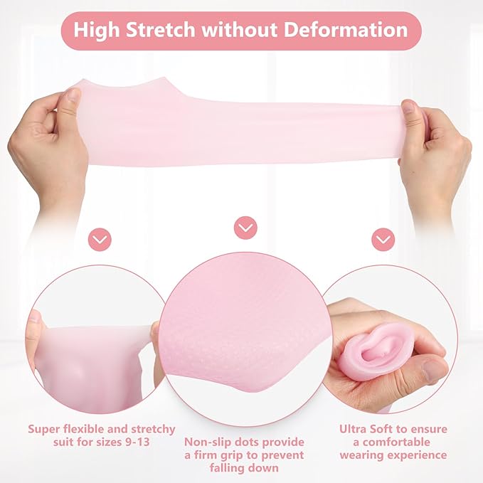 Silicone Socks for Dry Cracked Feet 2 Pairs,XL Moisturizing Socks Non-Slip Moisturizing Heel Socks for Dry Cracked Feet Women Ultra-high Stretch Foot Care Pedicure Socks for Men(Pink,XL)