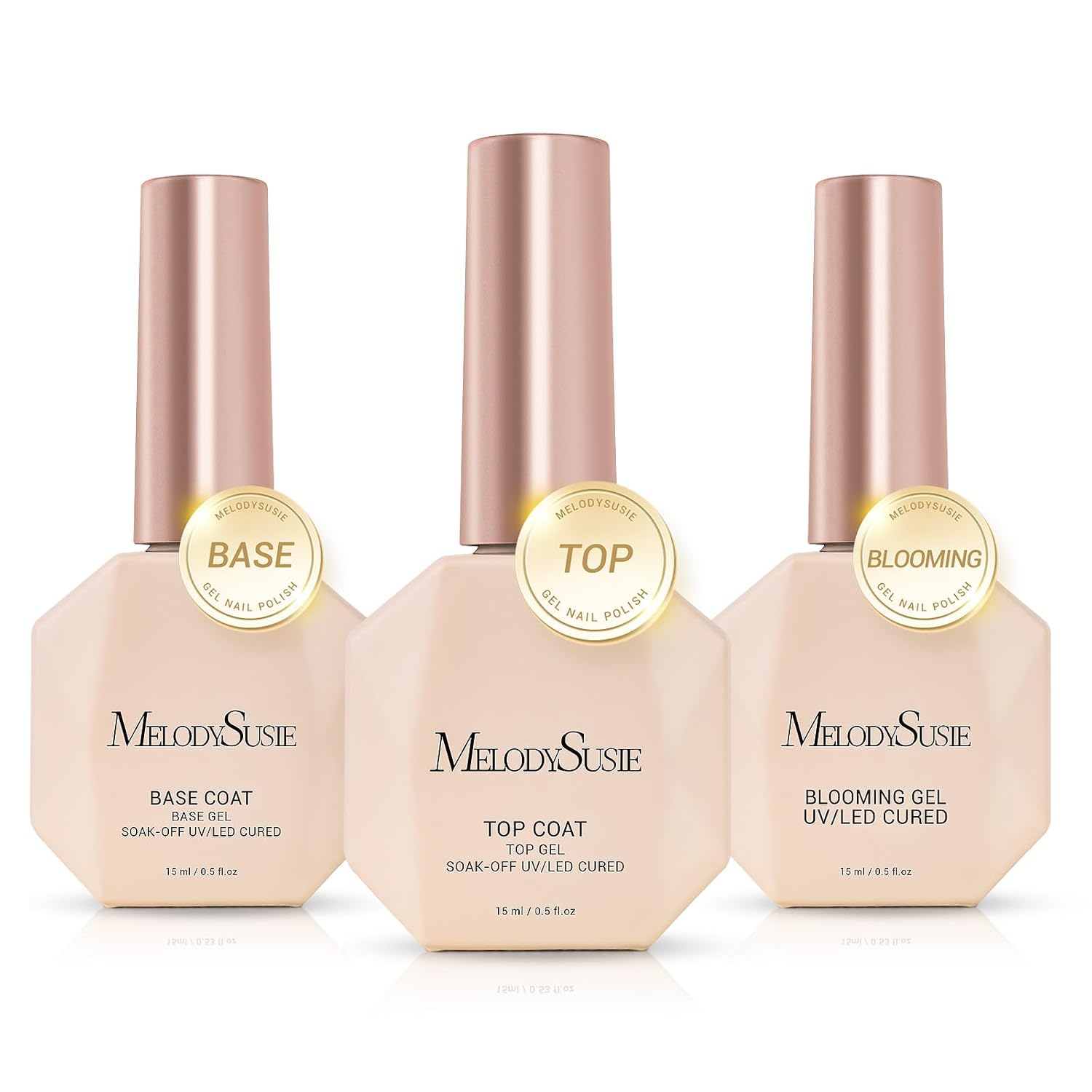 MelodySusie Top Coat Blooming Gel Base Coat No Wipe Glossy Set Long Lasting Shine Finish Soak Off UV LED Nail Lamp Nail Art Design Manicure Kit Perfect Gifts for Women Girls 3 Pcs 15ml Clear