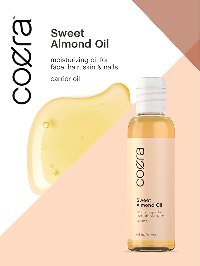 Coera Sweet Almond Oil for Face, Hair, Skin & Nails | 4 fl oz | Cold Pressed & Hexane Free | Carrier Oil | Free of Parabens, SLS, & Fragrances