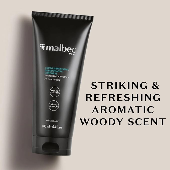 Malbec Vert Moisturizing Body Lotion for Men by O Boticário, Scented Moisturizer Non-Greasy Hydrating Cream for Dry Skin, 6.8 Ounce