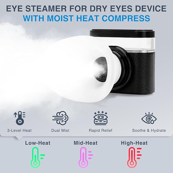 Eye Steamer for Dry Eyes Relief,Portable Electric Heated Steam Therapy Wand Machine with Moist Heat for Natural Tears Restore,Dry Eye Mist Sprayer with Warm Compress and 3 Level-Heat (Black)