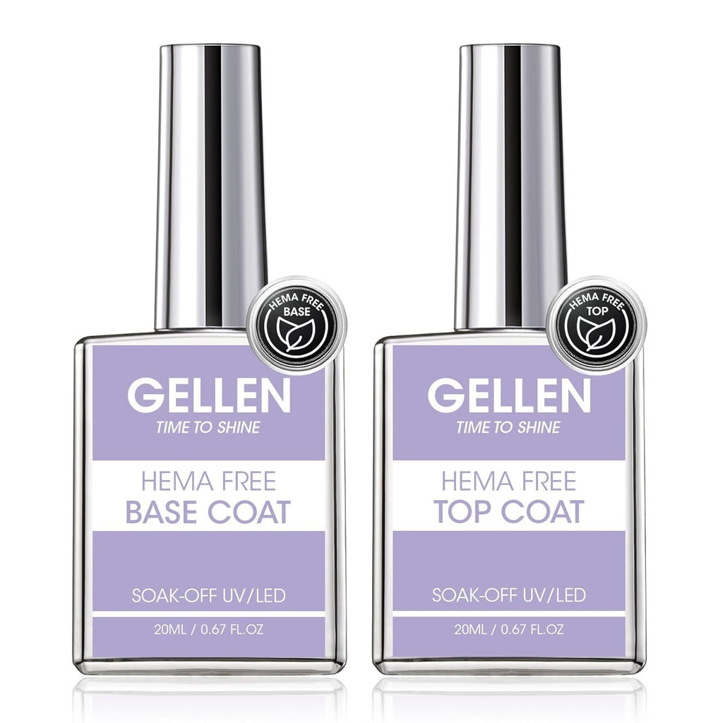 GELLEN 20ml Gel Base and Top Coat, Hema-Free Glossy Top Coat and Base Coat for Gel Nail Polish, No Wipe Soak Off Curing Needed Clear Nail Polish, Easy DIY Manicure Set