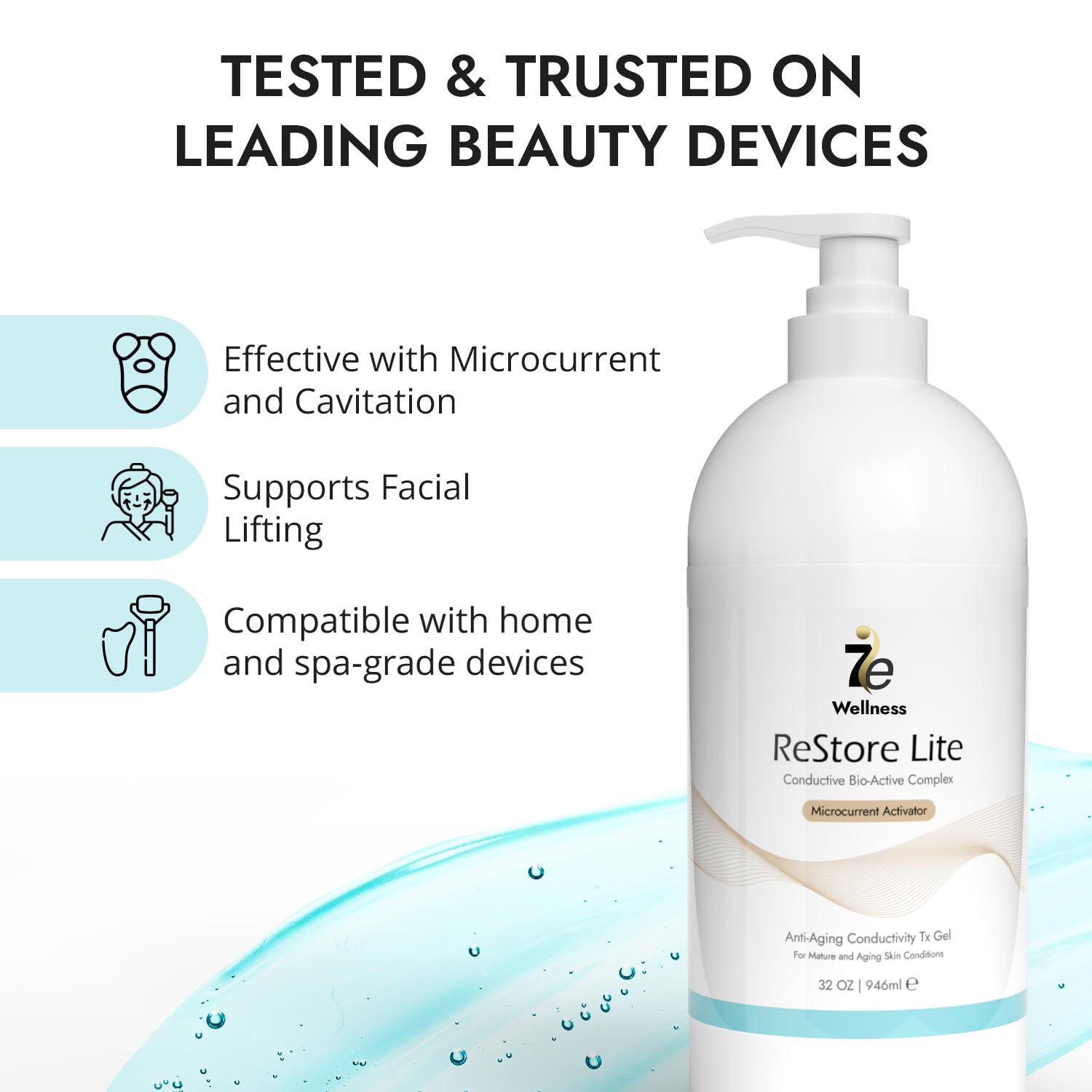 7E Wellness Myolift Restore Lite Gel- 32oz - Conductive Gel for Beauty & Skincare, Microcurrent, Face Mask Brush - 32oz / 1L