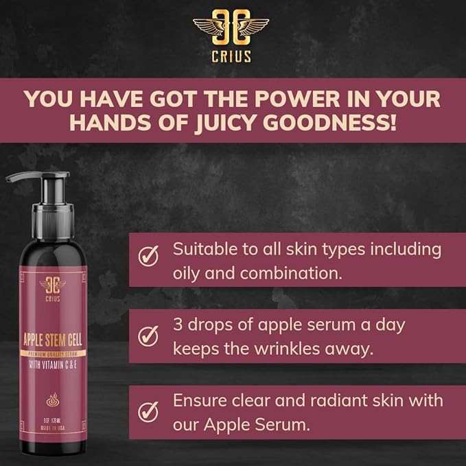 Apple Stem Cell Face Serum with Hyaluronic Acid and Vitamin C, Skin Rejuvenation and Rehydration, 6 Oz.
