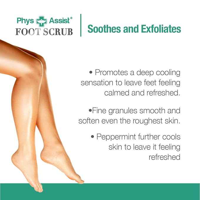 PhysAssist Foot Scrub 8 oz. with Tea Tree, Peppermint Soothes and Exfoliates Promoting a Deep Cooling Sensation Leaving Feet Feeling Calm and Refreshed.