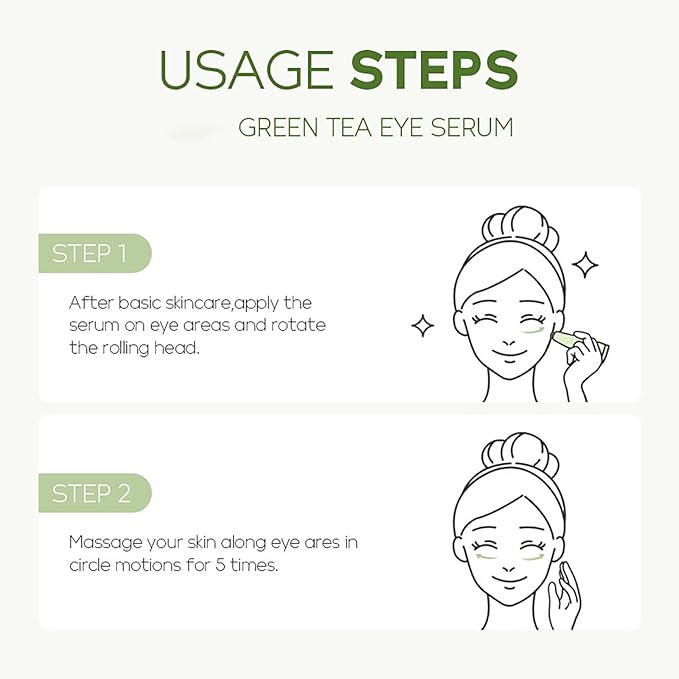 AKARY Green Tea Eye Serum and Under Eye Roller Cream, for Eye Bags Puffiness, Caffeine Eye Cream with 360° Massage Ball Reduce Wrinkles and Fine Lines, Under Eyes, Moisturizing, Hydrating, Firming Eye Skin (Green Tea)