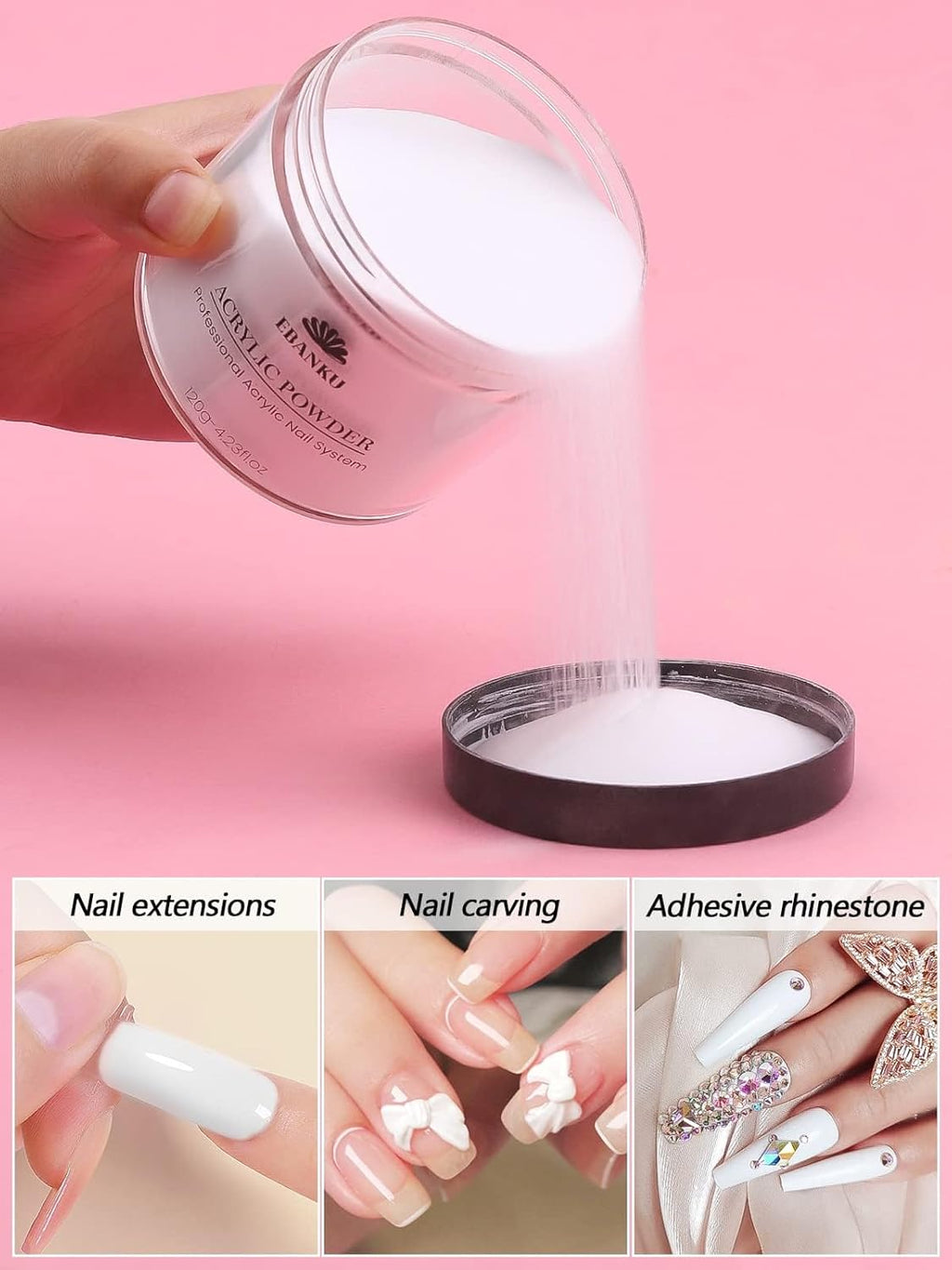 EBANKU Acrylic Nail Powder, 4.2oz White Powder for Nail Extensions & Sculpting, Colored Acrylic Nail Powders for French Nail Extension, Gifts for Women