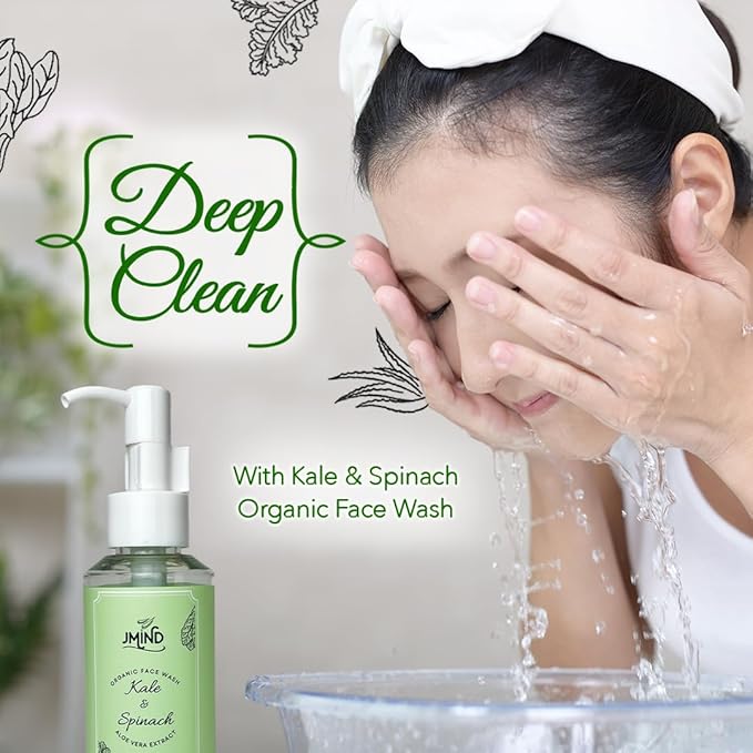 JMind Kale & Spinach Organic Face Wash - Vegan Daily Face Wash - Green Tea Facial Cleanser - pH Balanced - All Skins (3.38oz)