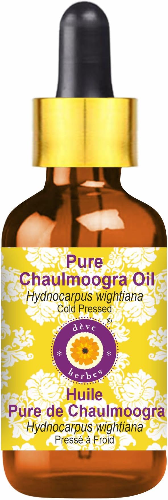 Deve Herbes Pure Chaulmoogra Oil (Hydnocarpus wightiana) with Glass Dropper Natural Therapeutic Grade Cold Pressed 5ml (0.16 oz)
