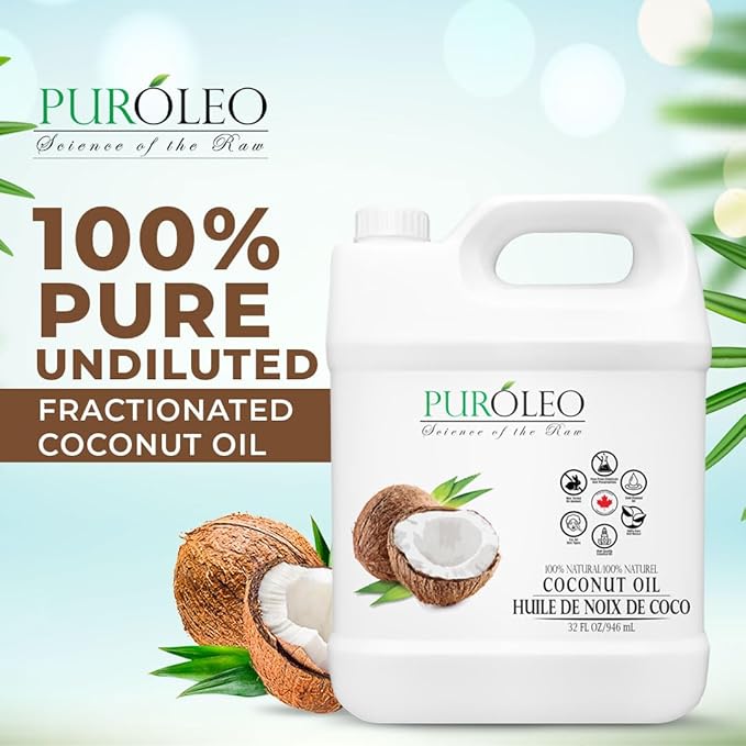 PUROLEO Fractionated Coconut Oil 32 Fl Oz/946 ML (Packed in Canada) 100% Natural and odorless Moisturizer & Carrier Oil l Hair Skin Body, Aromatherapy, Massage, Makeup Remover