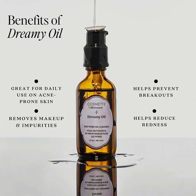 Cosmette Dreamy Oil Face Wash, Facial Oil Cleanser With Castor, Coconut, Jojoba & Pumpkin Seed Oils, Vegan Makeup Remover to Hydrate, Gentle, Natural Skin Care, Non Comedogenic, 1.7 Fl Oz