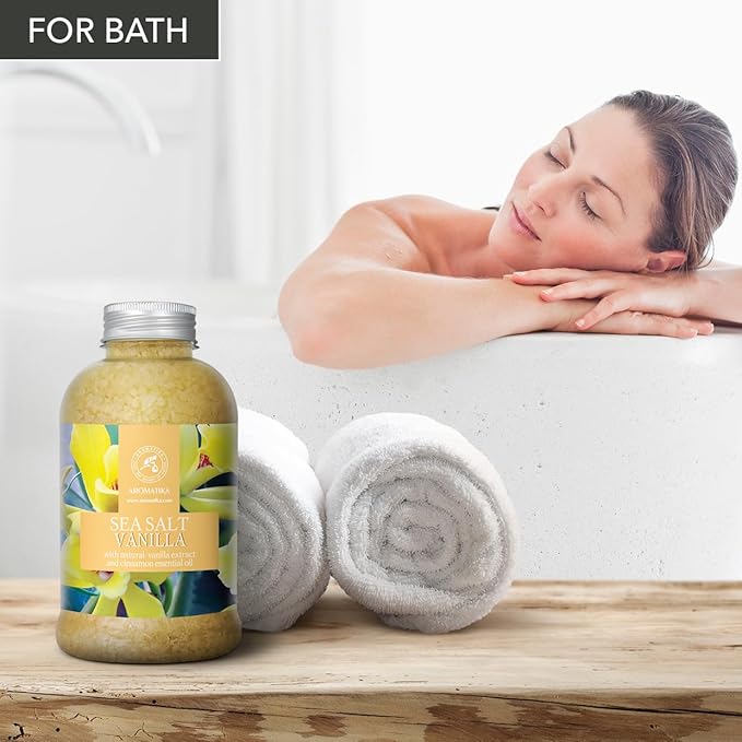 Sea Salt Vanilla 21.16 Oz - w/Vanilla & Cinnamon Essential Oils - Natural Bath Sea Salts - Best for Bath - Good Sleep - Relaxing - Body Care - Beauty
