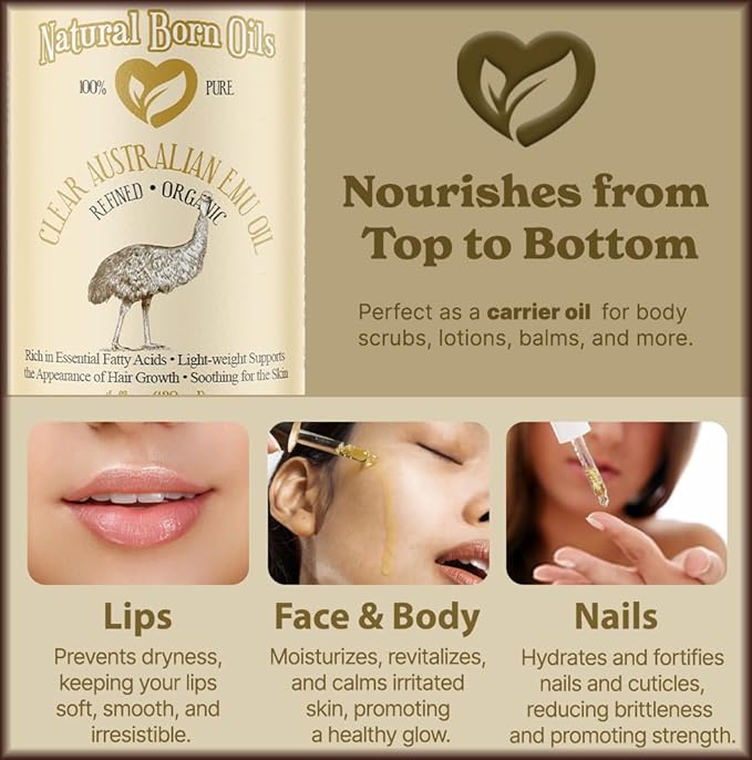 Natural Born Oils Ultra Clear Emu Oil, 8oz, Organic, Fully Refined, Deep Penetrating, Skin Elasticity Booster, Hair Conditioner